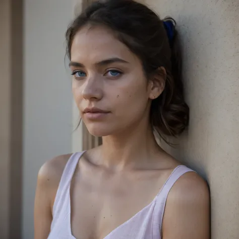 photo of a college student, in Desert Color Coarse Linen Pink,Desert Color Coarse Linen, (freckles:0.8) cute face, sci-fi, dystopian, detailed eyes, Heterochromia eyes((Side view))(Dune 2)((Cobalt blue eyes))