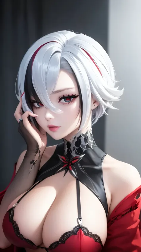 Canon RF 85mmf/1.2，masutepiece，Best quality，Ultra-high resolution，tu，1 Girl，（Korean Mix，Kpop idol：1.2），solo，White_Shiny_skin，White hair，Black Hair，Colorful Hair，short hair，Straight Hair，Long braids，Glowing red eyes，Red X pupil，red_Shiny_Lips，eyelash，Bangs，...