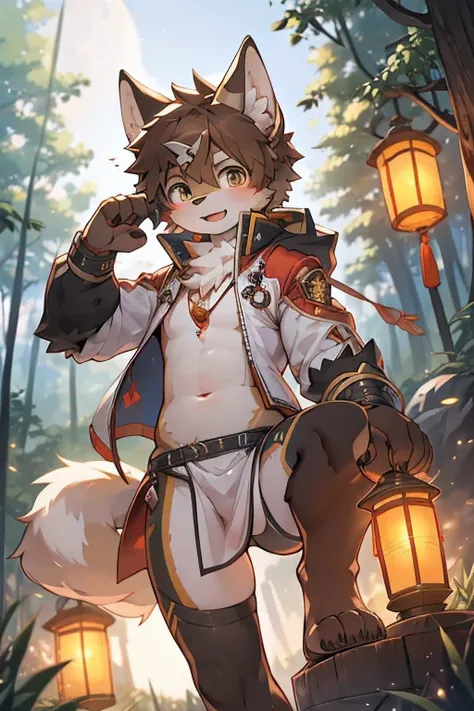 White wolf teenager boy，Brown hair，belly，lie，Black loincloth with drawstring，，environment，forest，Lanterns，front，Vertical photo， Two Legs，Two arms，Chinese style lamp，warm color，Adventure，future technology，high tech，Lanterns，High tech equipment，jacket，High T...