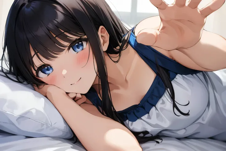 Masterpiece、highest quality、1 female、Super detailed Black Hair、bangs Blue Eyes、Detailed depiction of the eyes Smiling、blush camisole Face is close、Facial Close-up、Bring your face closer Sheetsに肘をつく、Bend your elbows to the side、Spread your shoulders、Put one...