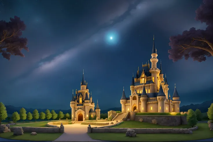 A majestic castle in a dreamy setting with a starry night sky, illuminated by the glow of castle lights, creating a mysterious and magical atmosphere. The scene is reminiscent of a fairy-tale world, with an aura of ancient legends. The artwork is created u...