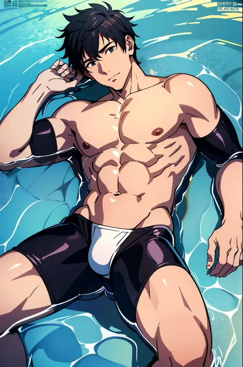 (Ultra High Definition Face), Perfect Anatomy, musculature, (Bulge), Black(((Swimming Brief))), Shirtless Man, ((Shiny body)), (toppless), (Super masterpiece), Sunshine, in poolside, hight resolution, (Ultra high definition), 1boy, ((shiny))Swimming Brief,...