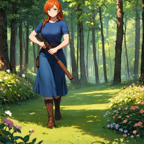 a woman wearing blue military t-shirt, long white skirt, brown boots, holding a rifle in her two hands, walking in a forest, yel...