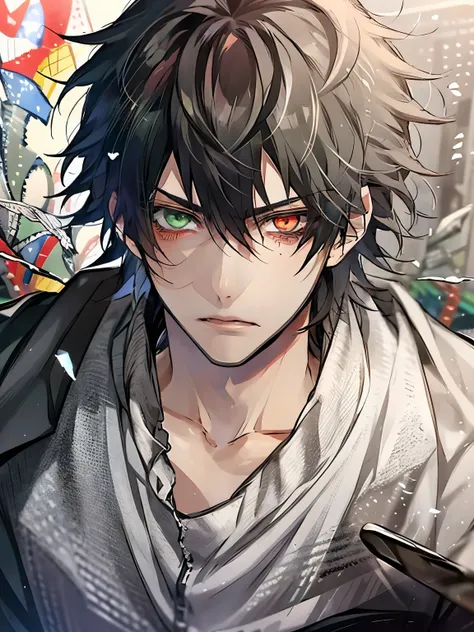 yamada ichiro\(hypnosis mic\),(highest quality)),red eyes, bangs, black hair, heterochromia, green eyes,((pieces fly)), perfect ...