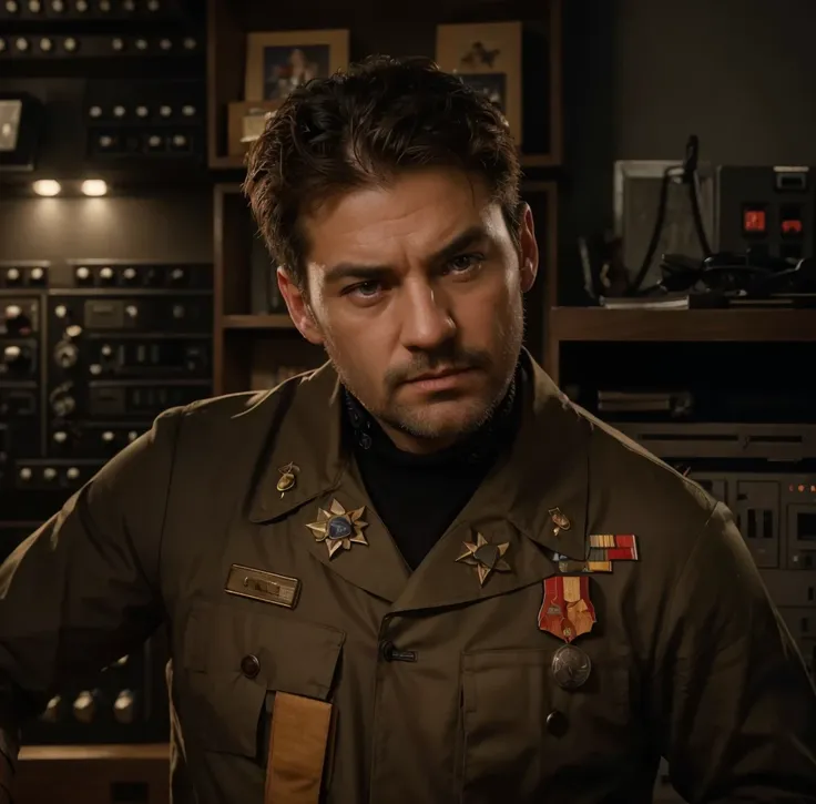 Soviet commander, adult man, angry face, short brown hair, brown Soviet captains uniform with medals, white scientists apron, is in a dark military bunker with computer servers and cables, Ultra detailed, hyper realistic, 4k, Ultra detailed image, realisti...