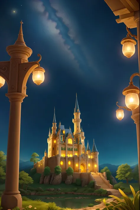 A majestic castle in a dreamy setting with a starry night sky, illuminated by the glow of castle lights, creating a mysterious and magical atmosphere. The scene is reminiscent of a fairy-tale world, with an aura of ancient legends. The artwork is created u...