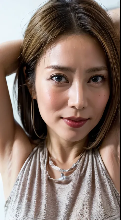 (Ultra HD、Ultra-high resolution、8k、Japanese office lady、At work)、Attention in the armpits、((Look Viewer:1.8))、(Extremely realistic skin texture:1.4)、(Realistic:1.3)、short hair、(smile:0.4)、(Blonde Hair:1.4)、((45-year-old woman、Mature Woman))、Ponytail hairst...