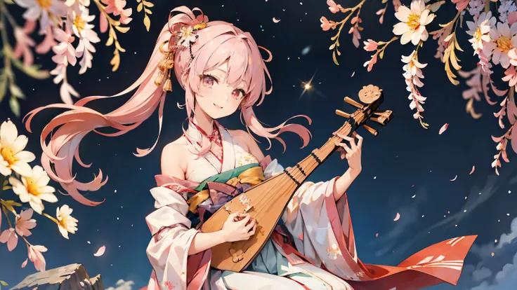 a beautiful woman holds a shamisen, smile,flat chest, chest overview, japanese kimono straight pink long hair,pink hair, off-the...