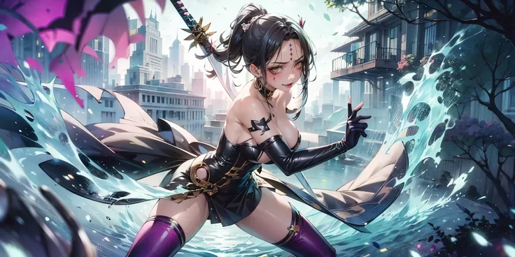 (long hair:1.3), (black hair:1.3), forehead, forehead mark, anatomically correct, heavy breathing, huge breasts, breast press, solo, thighhighs, bare_shoulders, dress, purple_legwear, cleavage, nail_polish, gloves, looking_at_viewer, strapless, blurry, col...