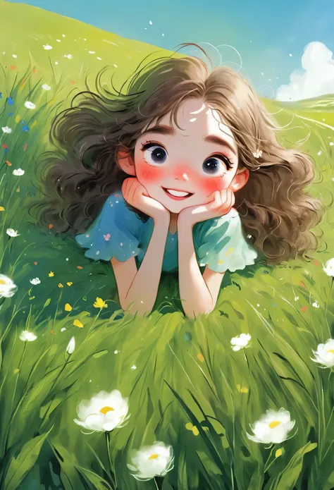 (masterpiece, best quality:1.2), 1 girl, solitary, big eyes，fluffy hair， hapiness，happy，comfortable，grassland，rough texture，hand...