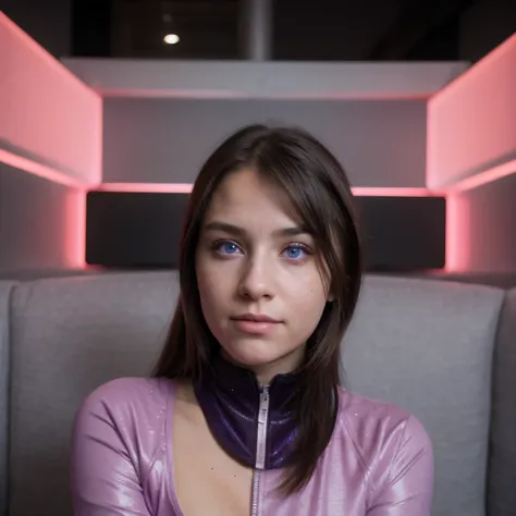 photo of a college student, in purple pink, futuristic space suit, (freckles:0.8) cute face, sci-fi, dystopian, detailed eyes, h...