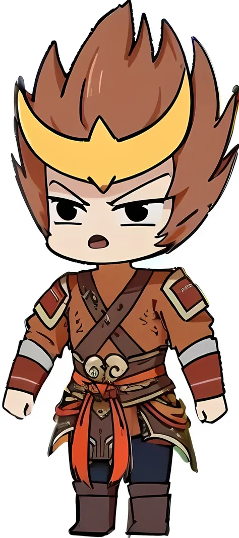 wz,chibi,brown hair,glows,black eyes,1boy,solo,white glows,blonde hair,open mouth,boots,male focus,blue sky,spiked hair,clenched hands,standing,sky,full body,chibi,day,outdoors,white background,simple background,Brown hair，No shirt，Monkey anthropomorphism