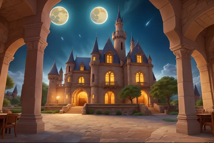 A majestic castle in a dreamlike, ancient, and mysterious setting, with rich details. The scene features floating elements, swirling clouds, twinkling stars, and a vibrant moon. The atmosphere is colorful and enchanting, evoking a fairytale and romantic vi...