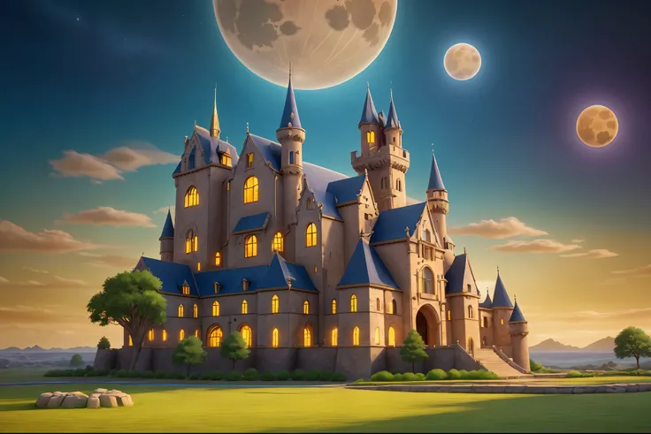 A majestic castle in a dreamlike, ancient, and mysterious setting, with rich details. The scene features floating elements, swirling clouds, twinkling stars, and a vibrant moon. The atmosphere is colorful and enchanting, evoking a fairytale and romantic vi...