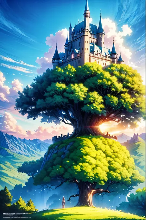 anime scene of a tree with a castle in the background, concept art by Kamagurka, pixiv contest winner, fantasy art, anime background art, anime concept hdr anime macmanus, 4k highly detailed digital art, background artwork, anime epic artwork, anime scener...