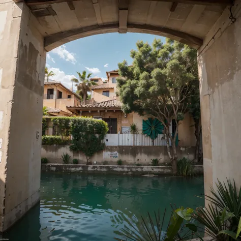 Un barrio de edificios de ladrillo en toda la mitad que diga en grafiti el roble, una virgen y un lago y vegetaciones 