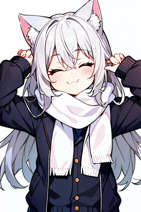 Masterpiece, Excellent, 1girl, gray hair, medium long hair, cat ears, closed eyes, looking at the audience, :3, cute, scarf, jacket, white background, fang, high quality, UHD