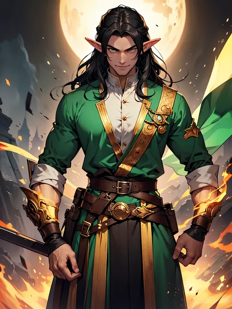 Elf dark man golden eyes green clothes long black hair evil smile