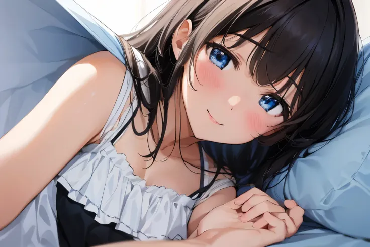 Masterpiece、highest quality、1 female、Super detailed Black Hair、bangs Blue Eyes、Detailed depiction of the eyes Smiling、blush camisole Face is close、Facial Close-up、Bring your face closer Sheetsに肘をつく、Bend your elbows to the side、Spread your shoulders、Put one...