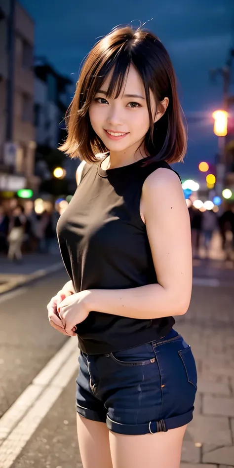 1 Girl, Tokyo Street,night, Streetscape,City lights,Upper Body,close,smile,, (8K, Raw photo, highest quality, masterpiece:1.2),(Realistic, photo-Realistic:1.37),