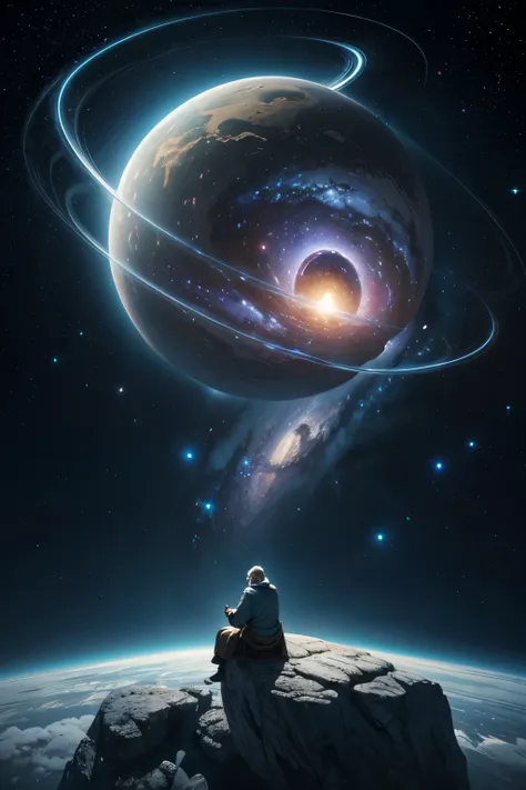 thereal fantasy concept art of {a wise old man sitting on a white rock floating through space, in the background the andromeda g...