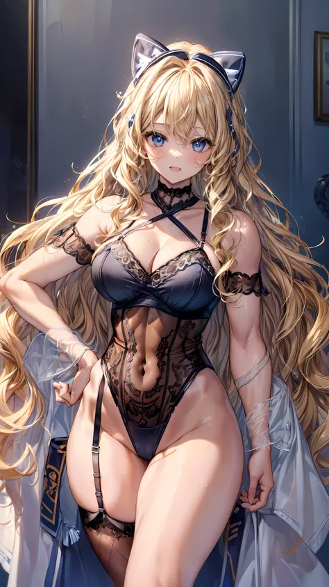 (Adult women:1.5)、Very detailed、highest quality、Best image quality、masterpiece、8k、Anime Face、A kind smile、(Open your mouth:1.3)、Sparkling blue eyes、(Blonde Wavy Hair:1.5)、、Muscles of the whole body、(High leg:1.5)、Thigh belt、(Wearing lingerie:1.5)、(Cowboy S...