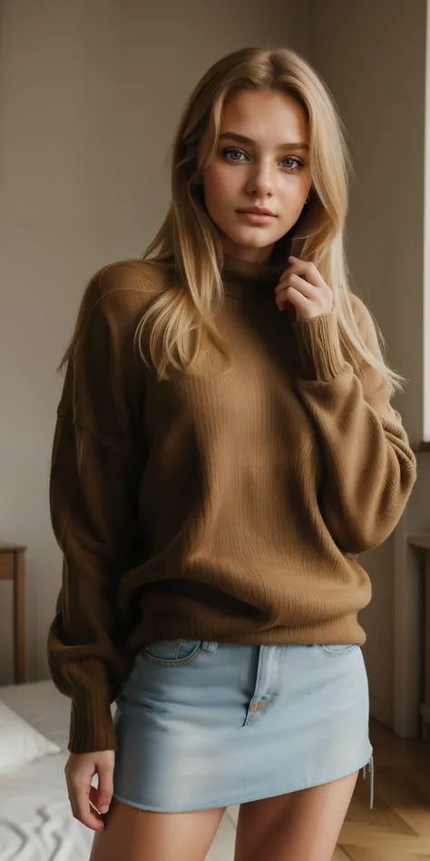 1Girl 18 years old, nur, Lange Haare, midsize , Blick auf den Betrachter, blondes Haar, nackte Schultern, braune Augen, Schmuck, full entire body, Halskette, schulterfrei, pullover, lips, realistisch, Nase, Flirten mit der Kamera