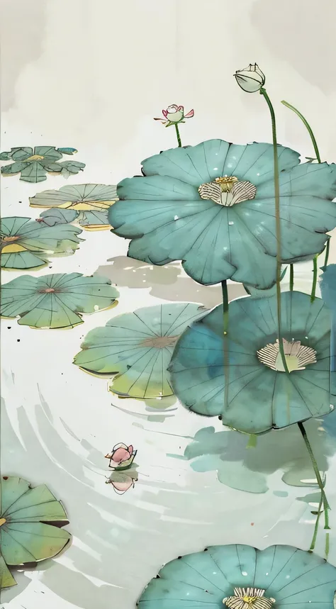 Positive top-down viewing angle，Huge lotus leaves，pond，Water ripples，Chinese style，Ink Painting，Clear texture