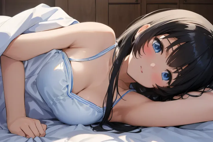 Masterpiece、highest quality、1 female、Super detailed Black Hair、bangs Blue Eyes、Detailed depiction of the eyes Smiling、blush camisole Face is close、Facial Close-up、Bring your face closer Sheetsに肘をつく、Bend your elbows to the side、Spread your shoulders、Put one...