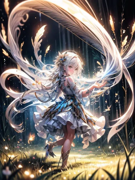 masterpiece:1.2,highest quality, highres, 16k, ultra-realistic:1.37, beautiful detailed, Beautiful girl, Standing in a beautiful posing, gently smile, flowing hair, Night Grassland, fireflies in hands, fireflies on hair, Many fireflies fly around:1.3, Fire...