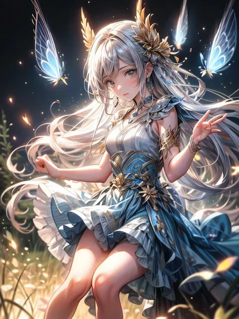 masterpiece:1.2,highest quality, highres, 16k, ultra-realistic:1.37, beautiful detailed, Beautiful girl, Standing in a beautiful posing, gently smile, flowing hair, Night Grassland, fireflies in hands, fireflies on hair, Many fireflies fly around:1.3, Fire...