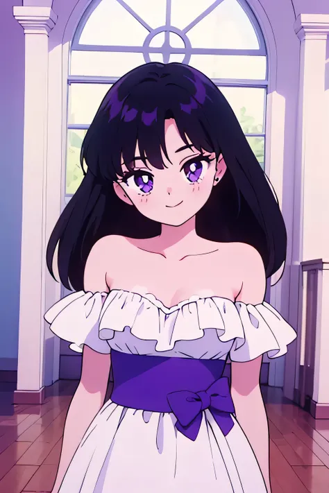 1 girl, solo, rei hino, long black hair, purple eyes, bare shoulders, strapless, off shoulders, white ruffle off the shoulder ma...