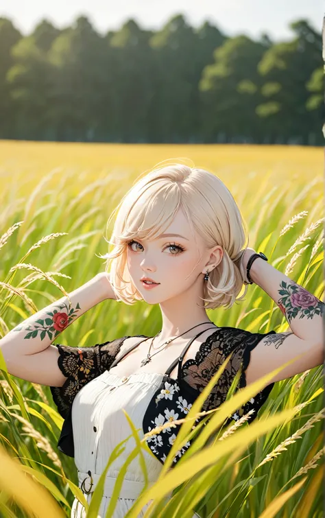 blond woman with tattoos on her arms and chest In the Field, 60mm Portrait, Blond Swedish woman, 50mm Portrait, 70mm Portrait, In the Field, Blonde woman, 35mm Portrait, Portrait Shot, 1 3 5 mm Nikon Portrait, young Blonde woman, Girl with short white hair...