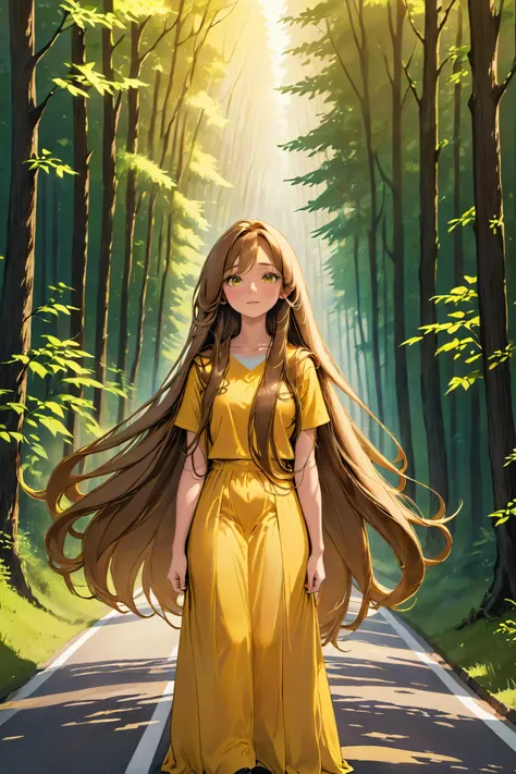 arafed woman long hair standing on a road in a forest, long hair女の子, girl long hair, long thin hair, long hair, long yellow hair...