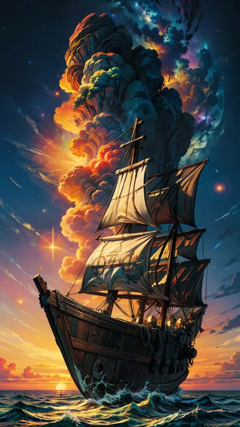 absurd resolution, high resolution, (obra de arte: 1.4), hiperdetalhe, um mar calmo e detalhado com um barco abandonado, a sky with sunset and the galaxy effect is very detailed, incredible and divine place, impeccable details