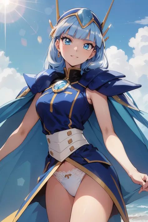 (Artfully crafted brilliance,Sky blue lens flare:1.7), (Movie Background),(90s Anime, 90s Anime, 90s Anime Style,cheer up, cel animation), dynamic pose,joy,smile,Ryuzaki umi,Hairband Headgear, Blue Armor, Scapula, Blue Cape, Elbow Groove, White thighs, (Dy...