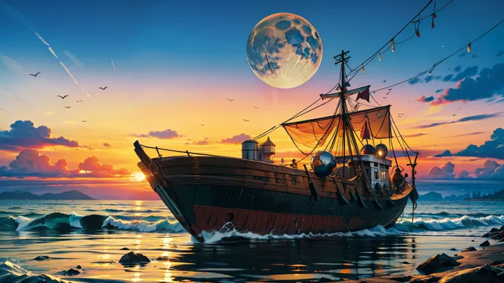 absurd resolution, high resolution, (obra de arte: 1.4), hiperdetalhe, um mar calmo e detalhado com um barco, a sky with a sunset and a huge, well-detailed blue moon, incredible and divine place, impeccable details