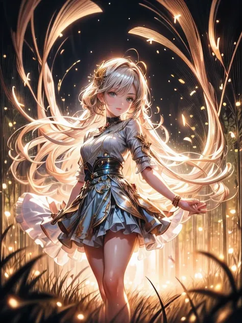 masterpiece:1.2,highest quality, highres, 16k, ultra-realistic:1.37, beautiful detailed, Beautiful girl, Standing in a beautiful posing, gently smile, flowing hair, Night Grassland, fireflies in hands, fireflies on hair, Many fireflies fly around:1.3, Fire...