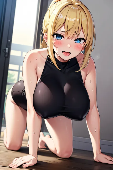 Jail,1 high school girl,blonde,ponytail,blue eyes,Big Breasts,blush,Sweat,Serious face,Black leotard,Super High Leg Cut,barefoot,Prone,On all fours,Tongue sticking out,saliva,Looks happy,tickles,pleasure,shy,tears,Ahegao,From an angle