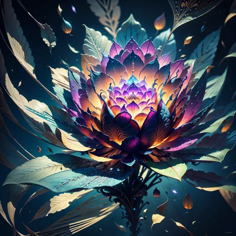 Highest image quality, ultra high definition, masterpiece, flower of life, Enlightenment, magical dust, lotus flowering and dropping leaves, light and shadow, particle light, particle special effects, Bioluminescence, beautiful romance, beautiful, dream hi...