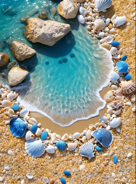 Overhead shot，Beautiful scenery，French Riviera，Shimizu，Small blue stones drifting on the golden beach，Beautiful shells，A cute little crab，Aesthetic，HD Wallpapers