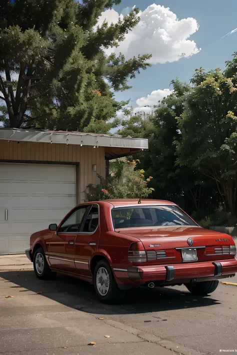 ((Modern anime style)) photo of grandpa’s red marcedes tahun 1995 parked in his open garage, with various tools and gas cans on the shelves. Trees can be seen with wind blowing their leaves outside on a  sunny, partly cloudy day. 