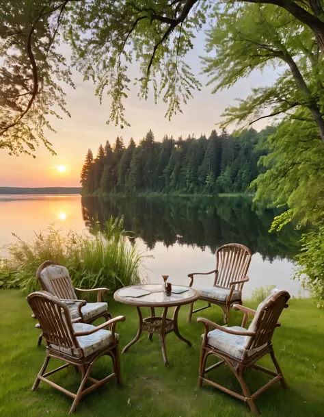 arafed view of a lake with two chairs and a table, serene evening atmosphere, peaceful and serene, summer lake setting, warm bea...