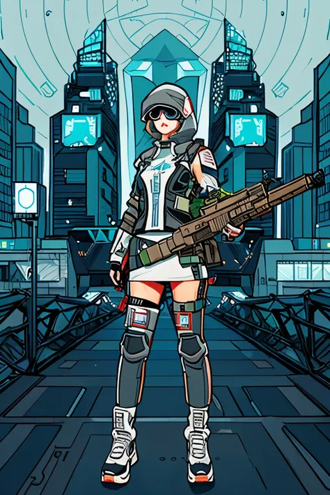 3D pixel art A Russian girl in her early 20s with curly ash-gray hair, clad in cyberpunk gear from head to toe, holding a high-tech scoped rifle. The background is a corner of a futuristic city.