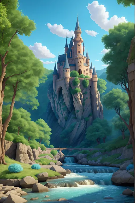 A magical castle in a dreamlike and mysterious setting, detailed with intricate features under a blue sky and fluffy white clouds. The castle is ancient and mystical, surrounded by a lush forest, flowing river, and blooming flowers. The scene is enchanting...