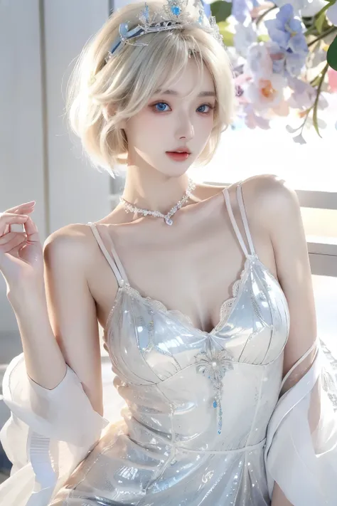 Beautiful and fair、Radiant Skin, 3 Up, Gorgeous, bright, Refreshing and gentle expression, Perfect beautiful face、Blonde short hair，Beautiful shiny bangs, A very beautiful 17 year old girl, Eyeliner, Very perfect and beautiful lovely big clear sky blue eye...