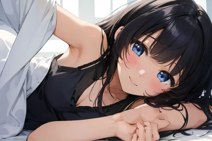 Masterpiece、highest quality、1 female、Super detailed　Black Hair、bangs　Blue Eyes、Detailed depiction of the eyes　Smiling、blush　camisole　Face is close、Facial Close-up、Bring your face closer　Sheetsに肘をつく、Bend your elbows to the side、Spread your shoulders、Put one...