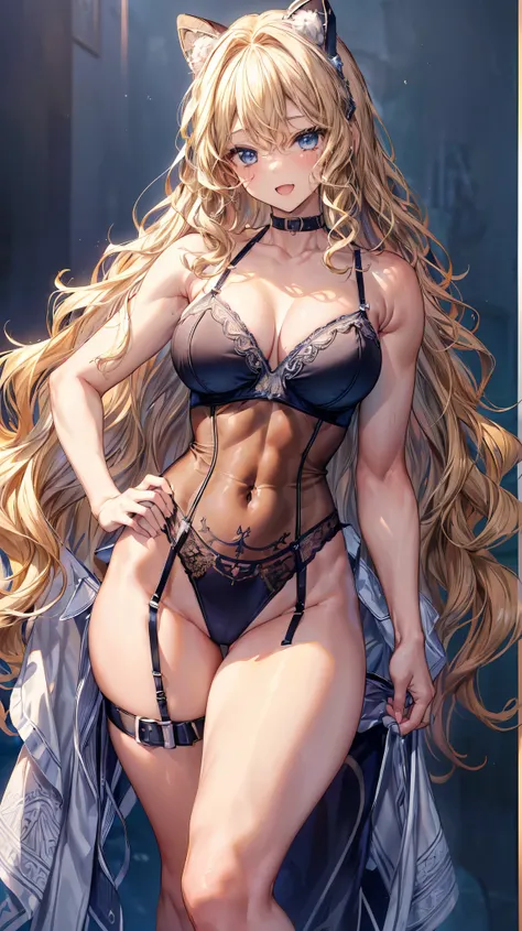 (Adult women:1.5)、Very detailed、highest quality、Best image quality、masterpiece、8k、Anime Face、A kind smile、(Open your mouth:1.3)、Sparkling blue eyes、(Blonde Wavy Hair:1.5)、、Muscles of the whole body、(High leg:1.5)、Thigh belt、(Wearing lingerie:1.5)、(Cowboy S...