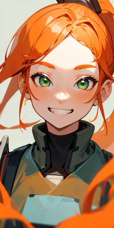 1 girl、one person、Orange Hair、ponytail、Beautiful green eyes、Grin、Face close-up