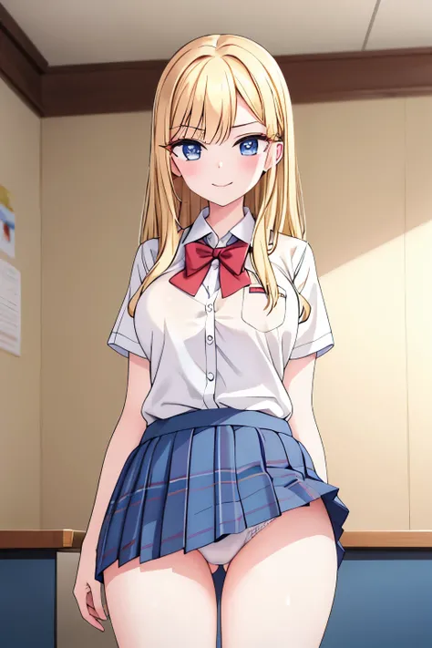 G-Cup　　masterpiece　highest quality　High resolution　　 Big Breasts　underwear　　sexy　Adult female　Blonde　school uniform　high school student　Glaring eyes　Mouth slightly open　smile　Long Straight　Show me your pants